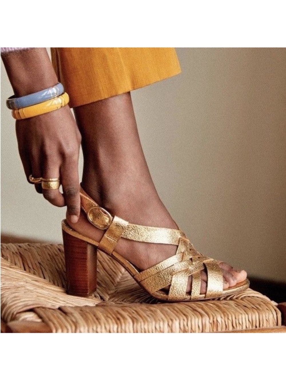 NIB Sezane Estelle Gold Strappy Leather Block Heel Sandals -Women FR38 US 7